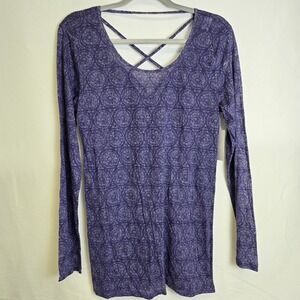 Earth Yoga Burnout Floral Criss-Cross Back Long Sleeve Shirt, Purple, Large, New
